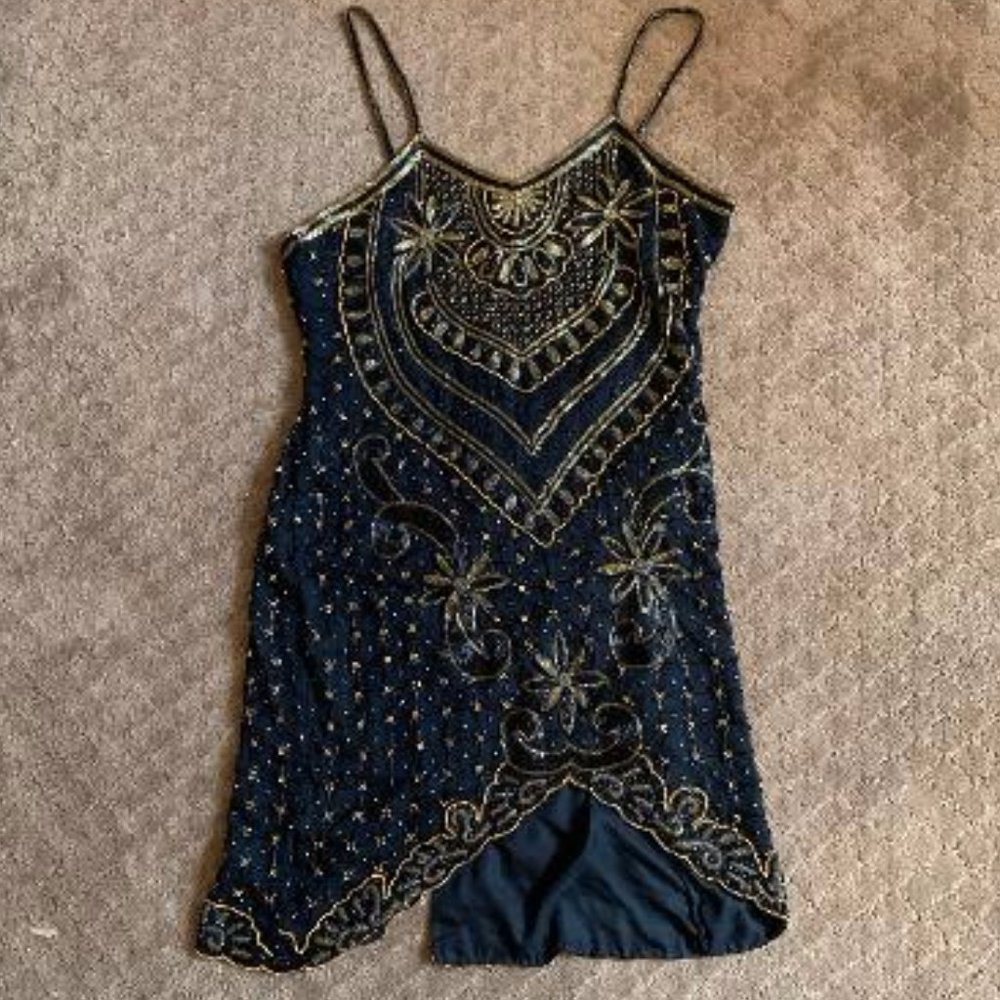 XL Black Silk Flapper Dress w/ Gold Bugle Beading